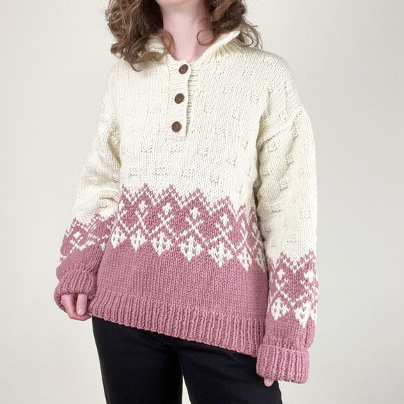 Vintage Hand Knit Fair Isle Oversized Sweater Slouchy Loose Fisherman 80s 90s - Picture 2 of 9